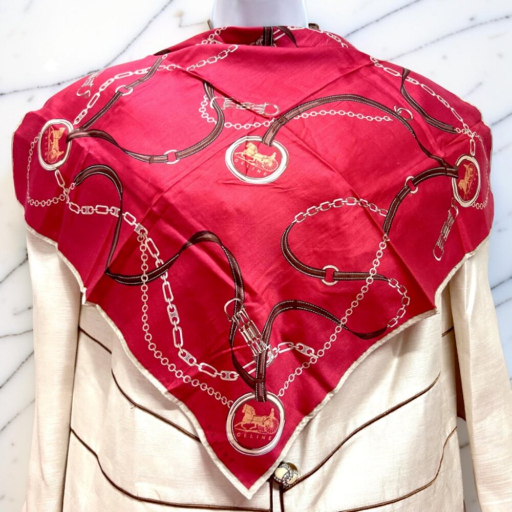 New- Celine Paris Mini Scarf/  Handkerchief  cotton 19.5 " Red Brown Gold (87) - Picture 2 of 8